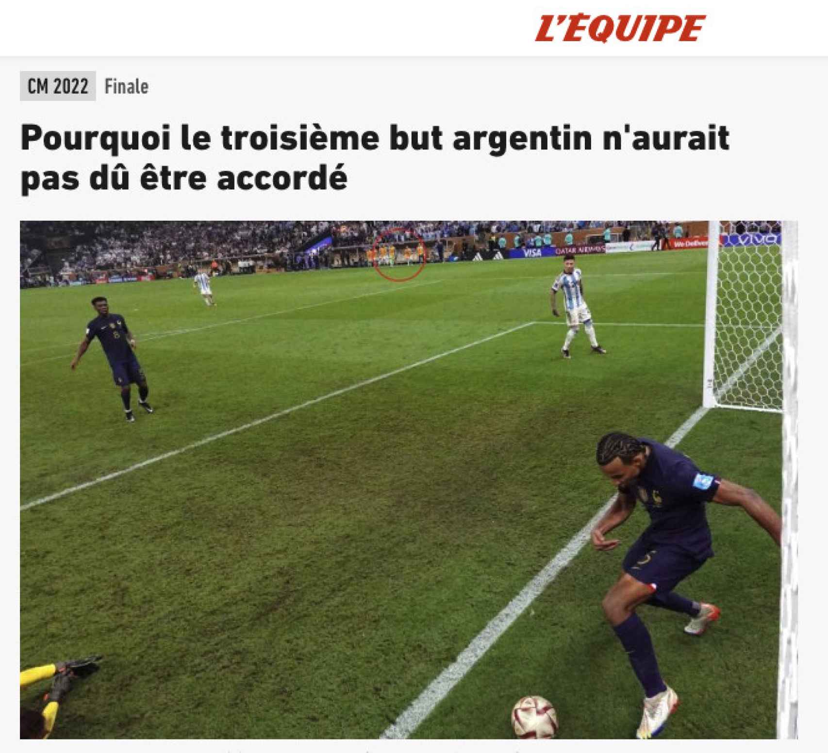 La protesta de L'Équipe sobre el tercer gol de Argentina en la final del Mundial