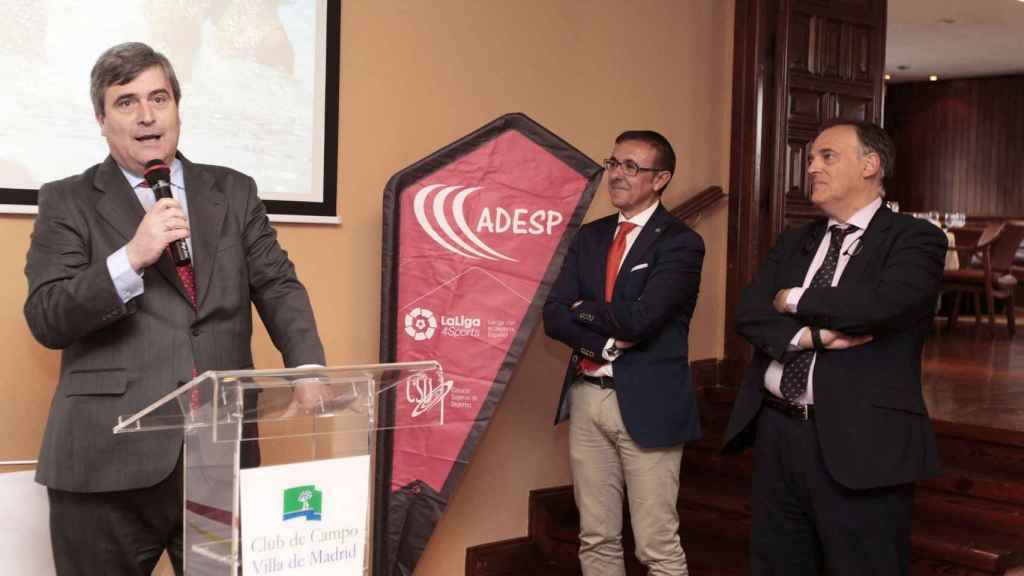 Miguel Cardenal, Javier Tebas y José Hidalgo en la presentación de ADESP