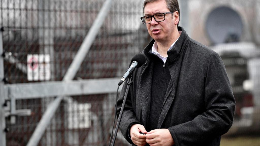 Serbian President Aleksandar Vucic speaks during a press conference.