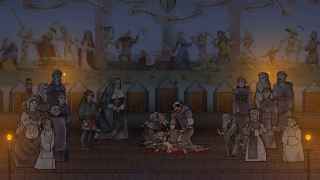 Andreas y el resto de la abadía descubren el cuerpo del barón en el refectorio