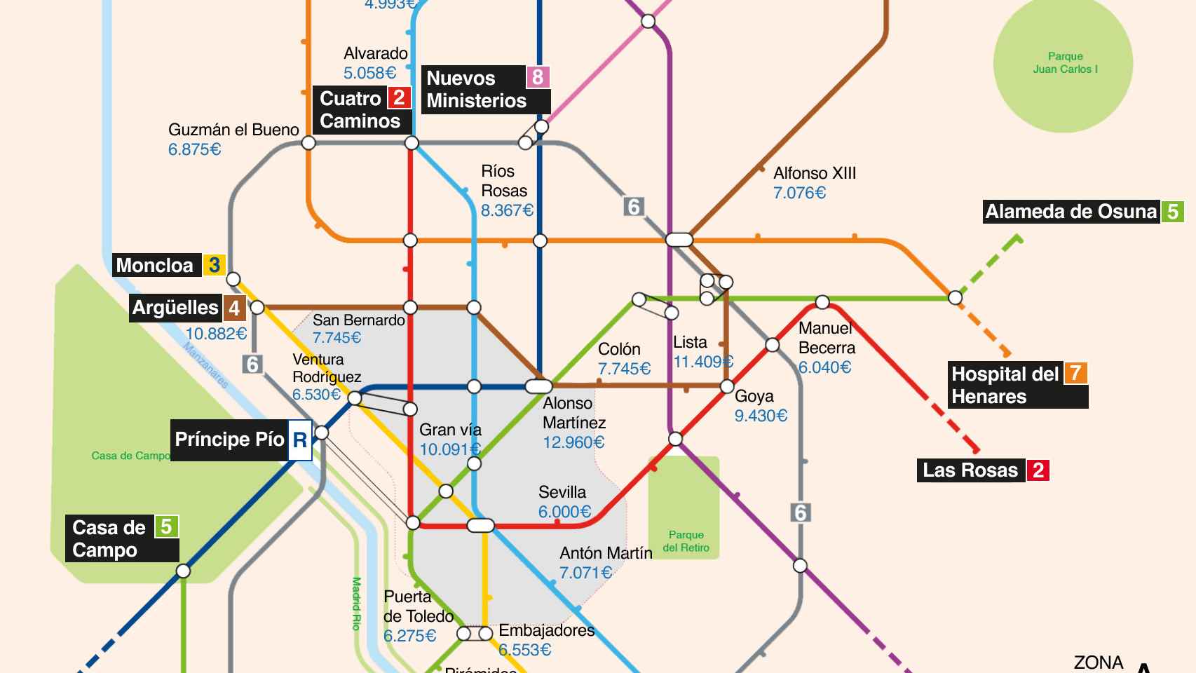 Mapa con el precio de la vivienda nueva en la estación de metro más cercana.