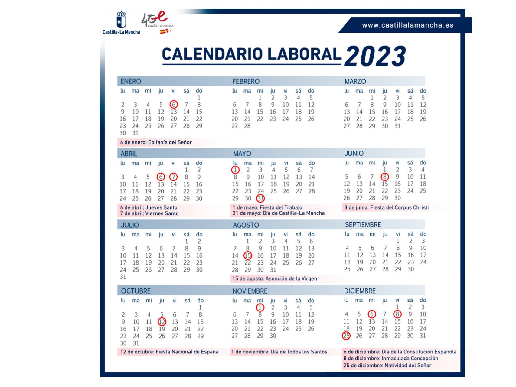 Así queda el calendario laboral de 2023 en CastillaLa Mancha festivos