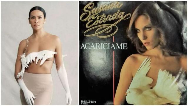 El vestido de Cristina Pedroche, con la paloma,  y la portada del single de Susana Estrada, de 1980.