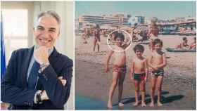Elías Bendodo sujeta un balón en una playa malagueña, junto a sus hermanos, a principios de los años ochenta.