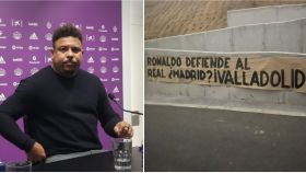Ronaldo Nazario, presidente del Real Valladolid, y una pancarta en su contra