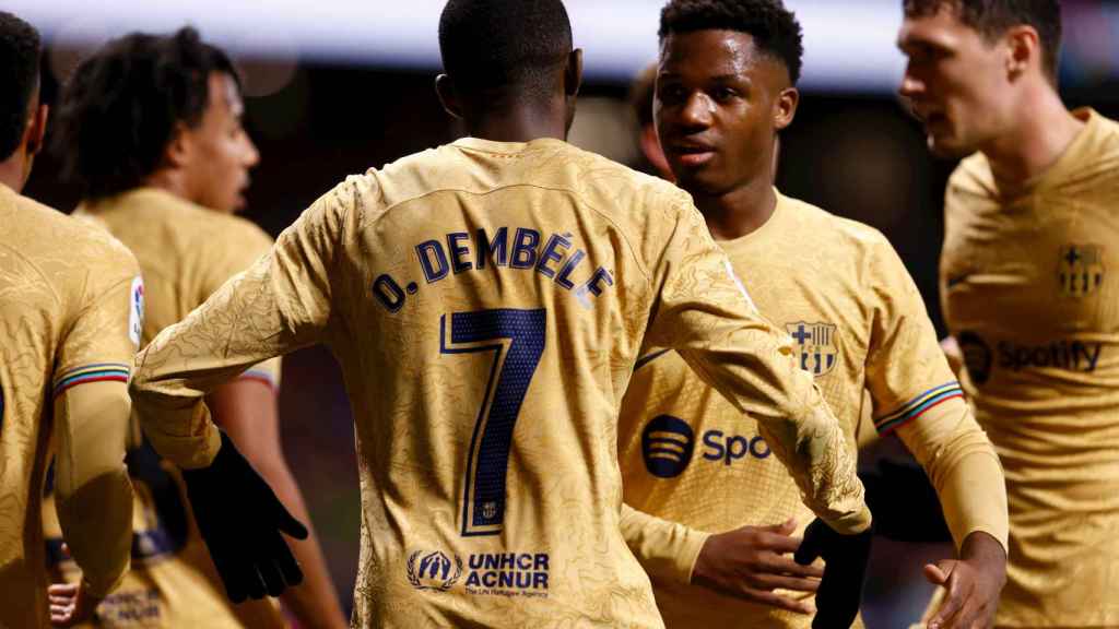 Ousmane Dembélé y Ansu Fati, celebrando un gol al Atleti