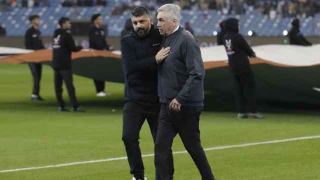 Saludo entre Ancelotti y Gattuso antes del Real Madrid - Valencia de la Supercopa de España 2023
