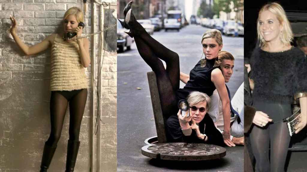 A los lados, Sienna Miller en Factory Girl (2006), dando vida a Edie Sedgwick, que aparece en el centro con Andy Warhol.