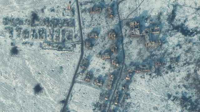 Una imagen de satélite de la bombardeada ciudad de Soledar, en Ucrania.
