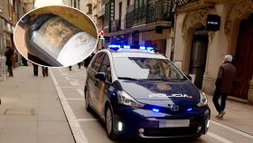 Montaje con una botella de Vega Sicilia Único y la Policía Nacional pasando por Santa Clara en Zamora