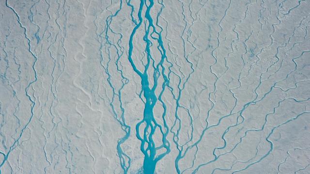 Ríos de agua de deshielo  en la capa de hielo de Groenlandia.