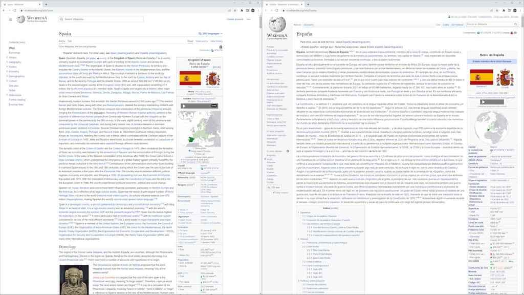 El nuevo diseño de la Wikipedia (izq) y el viejo (der)