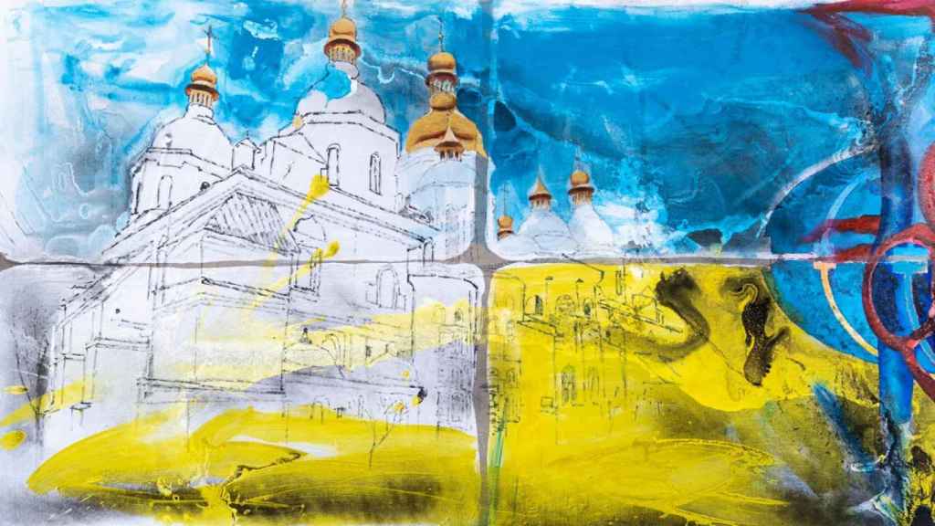 Detalle de la mitad del cuadro de Ángel Uranga que permanece en la sede de Sercobe, con la representación de la Catedral de Santa Sofía de Kiev.