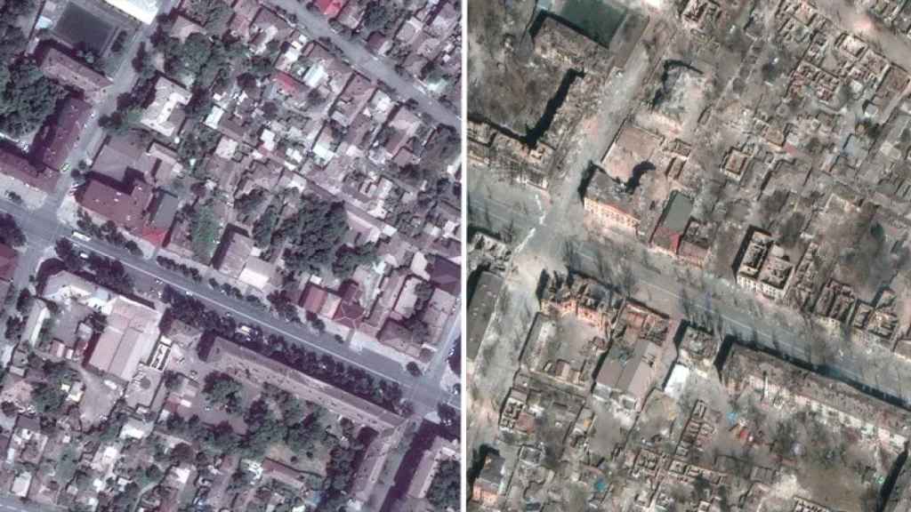 Imagenes aéreas de Mariupol tomadas antes del conflicto y el 20 de marzo de 2022, donde se puede ver la devastación causada por los combates y los bombardeos