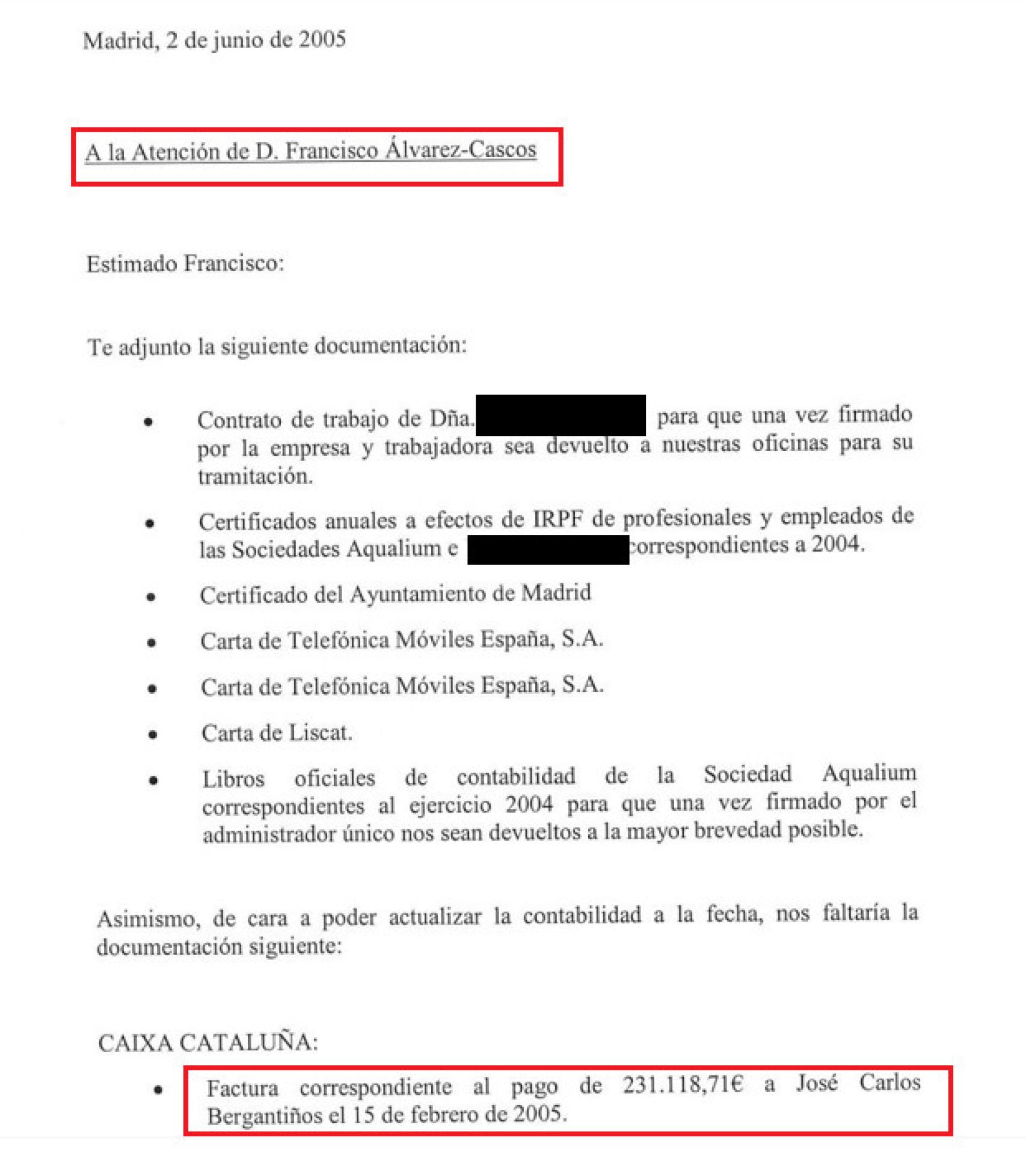 Carta enviada a Cascos por un gestor de Aqualium, que solicita la factura de la compra a Bergantiños.