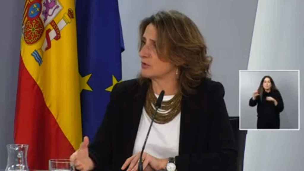 La ministra para la Transición Ecológica, Teresa Ribera, este martes, en su comparecencia tras el Consejo de Ministros donde se ha aprobado el Plan del Tajo.