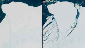 Imagen aérea tomada por el satélite Copernicus del iceberg antes y después de desprenderse.