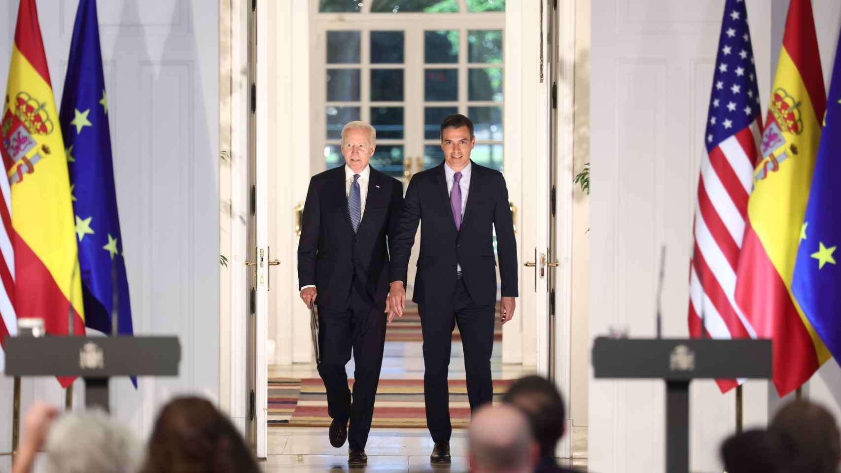 Joe Biden y Pedro Sánchez, en el Palacio de la Moncloa, durante la cumbre de la OTAN en Madrid.
