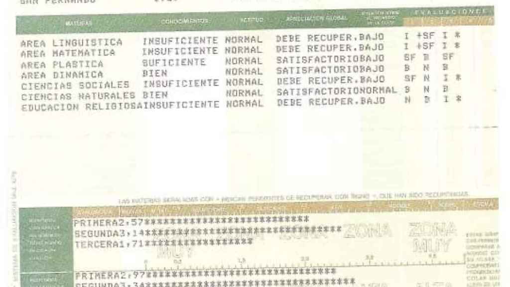Las calificaciones del cantante Luis Miguel cuando estudiaba en el Liceo Sagrado Corazón de San Fernando, Cádiz.