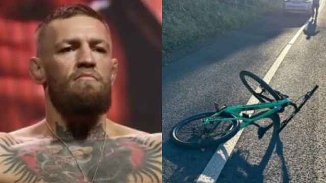 McGregor durante un evento y cómo acabó su bicicleta tras el accidente.