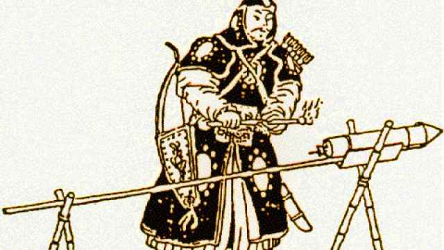 Dibujo de un soldado mongol utilizando uno de los primeros cohetes chinos