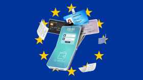 Fotomontaje con la bandera europea y con un banner del monedero digital.