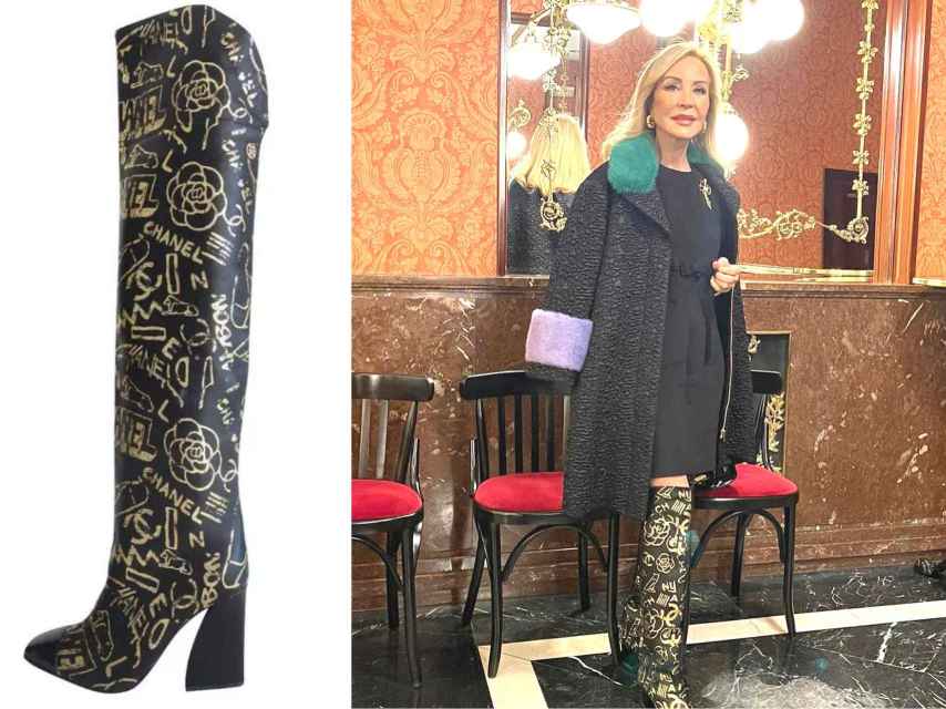 suéter encanto Continuo Carmen Lomana muestra su versión más cañera con unas botas altas de Chanel  de 2.500 euros