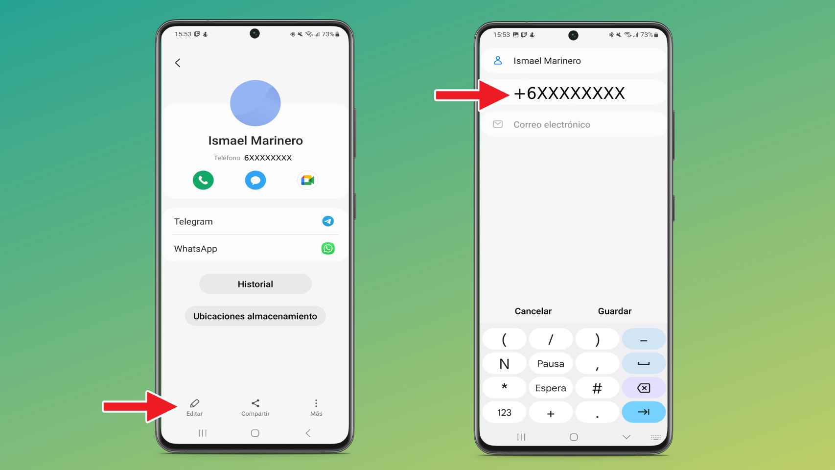 Los ajustes para cambiar el número de un contacto en Android.