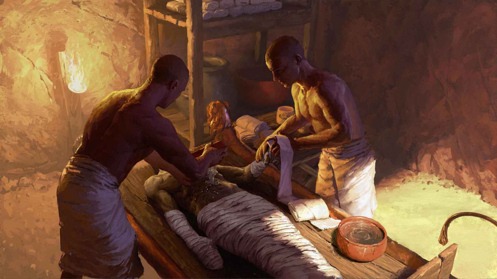 Recreación de la momificación de un cadáver egipcio. Ilustración: Nikola Nevenov