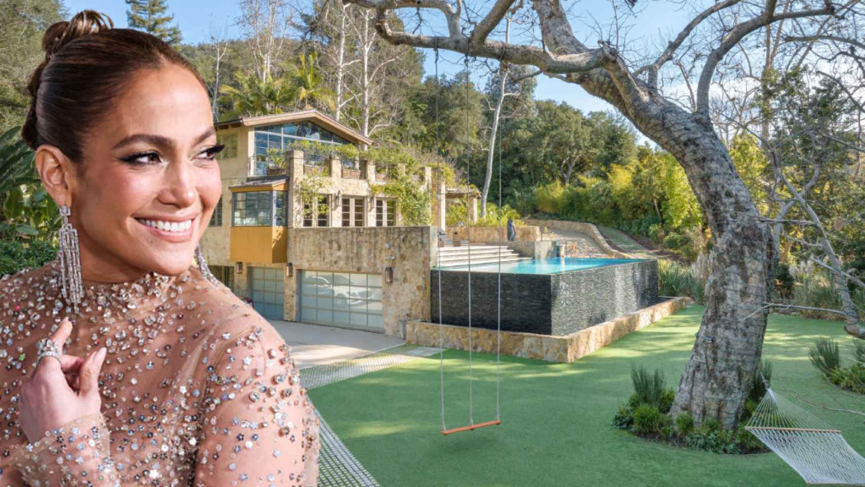 Jennifer Lopez junto a la casa que vende en Los Angeles, en un montaje de JALEOS.