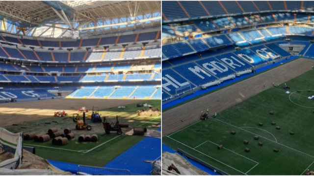 El césped del Estadio Santiago Bernabéu durante sus cambios
