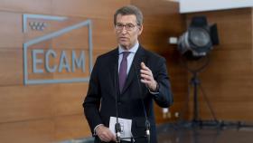 Alberto Núñez Feijóo esta mañana en la Escuela de Cinematografía y del Audiovisual de la Comunidad de Madrid (ECAM).