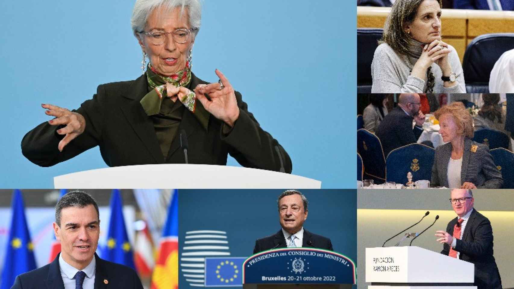 Christine Lagarde, Teresa Ribera, Elena Salgado, Philip Lane, Pedro Sánchez y Mario Draghi.