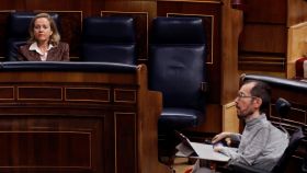 Nadia Calviño, vicepresidenta primera del Gobierno, y Pablo Echenique, portavoz parlamentario de Podemos, en el Congreso.