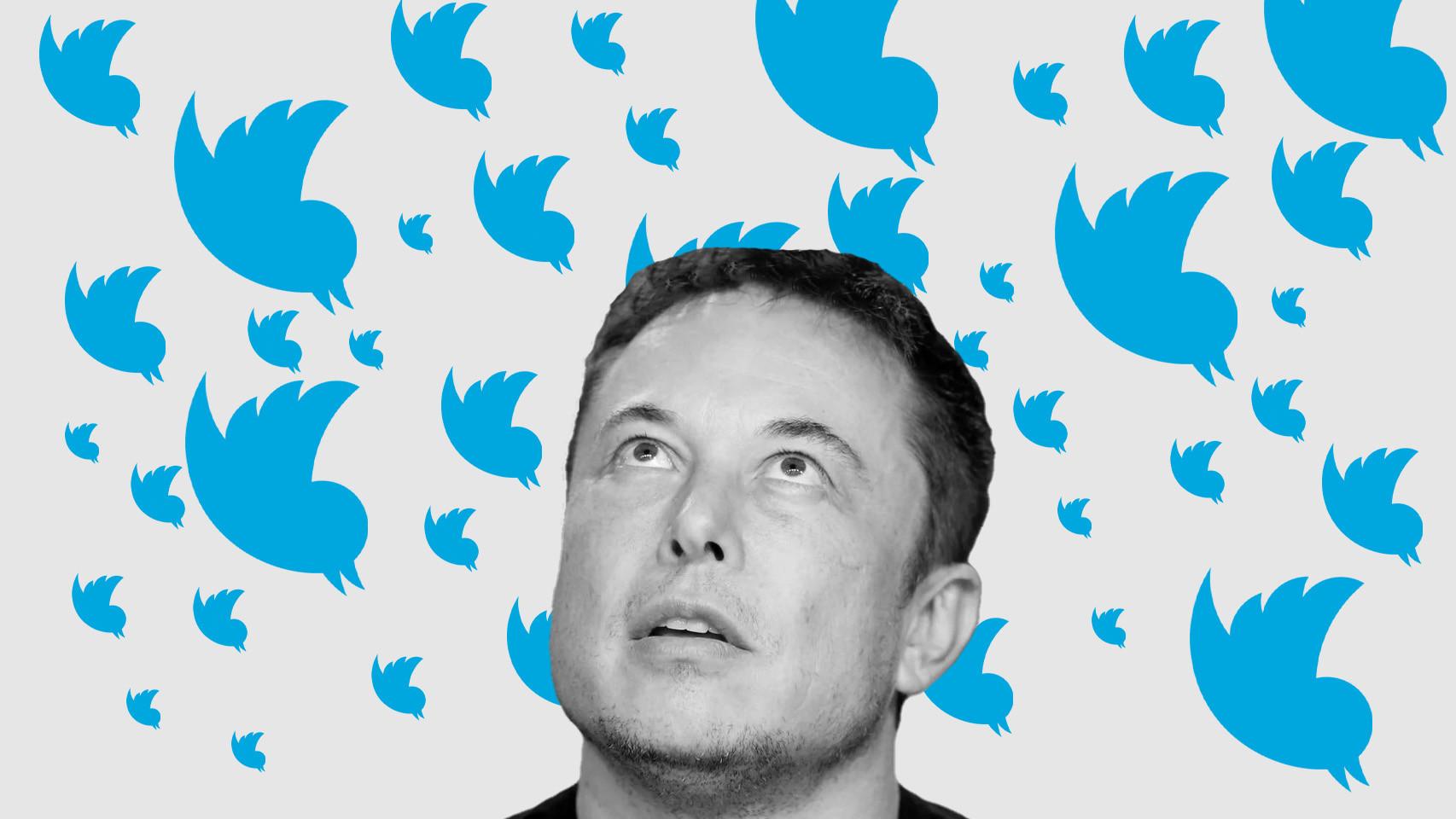 Photomontage with Musk's face and falling Twitter logos.