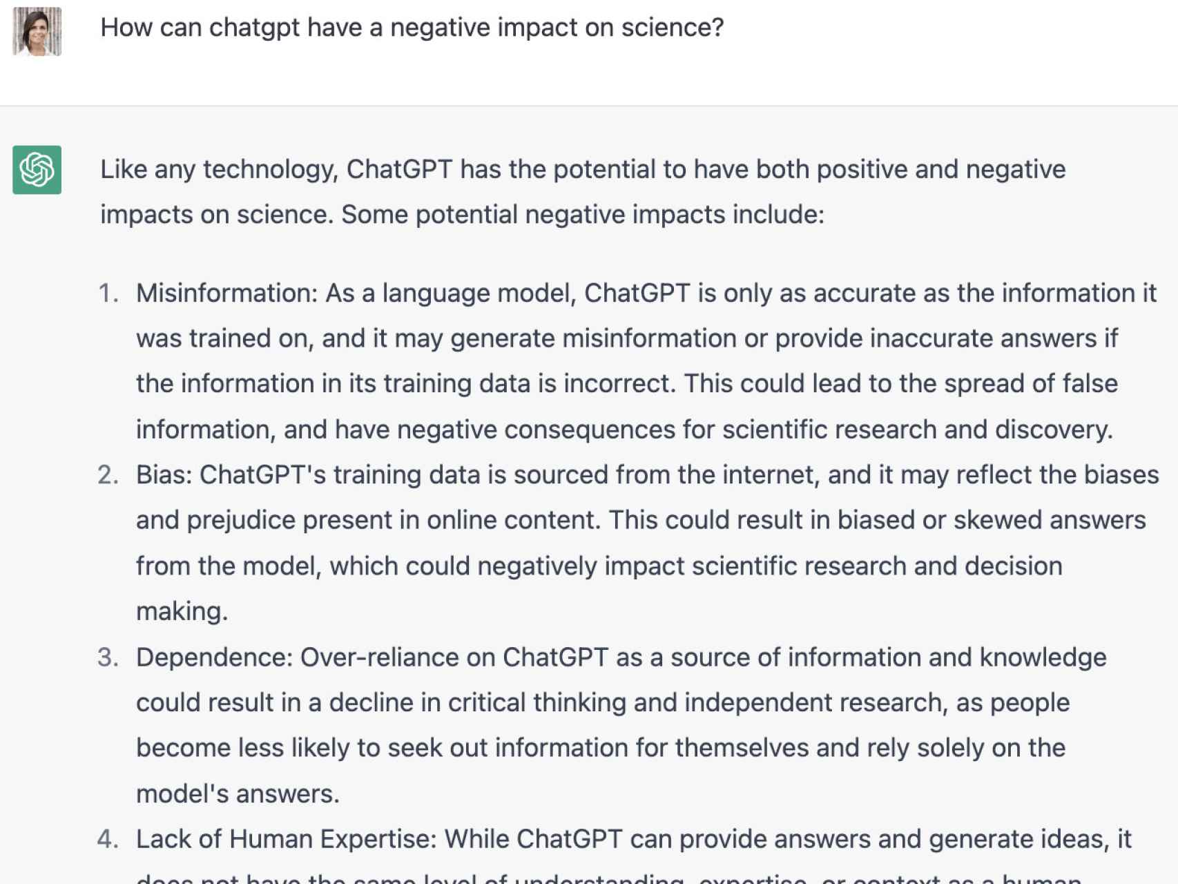 Las respuestas que ChatGPT a cómo podría impactar de forma negativa en la ciencia.