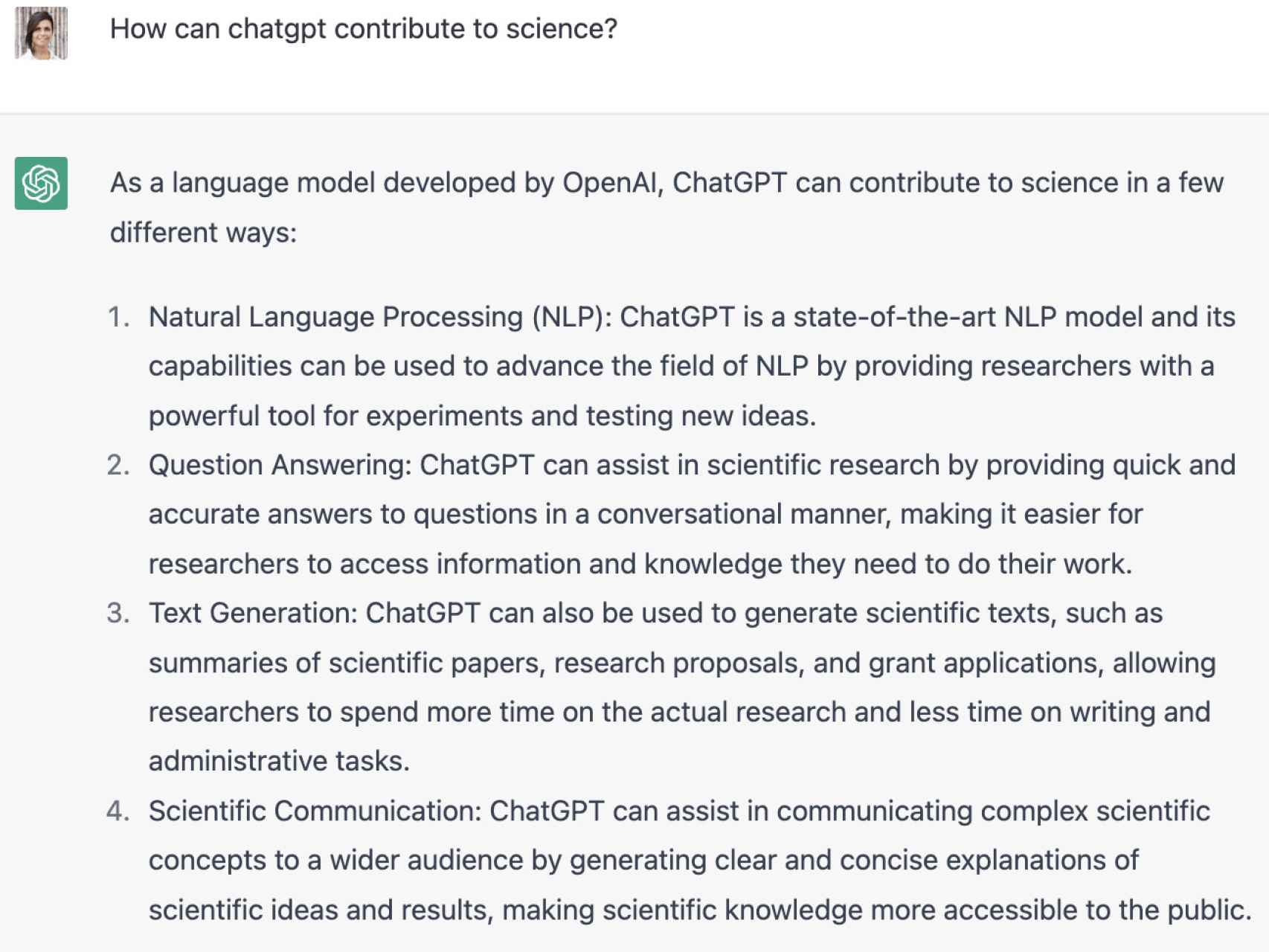 Respuestas de ChatGPT sobre “cómo puede contribuir a la ciencia”.