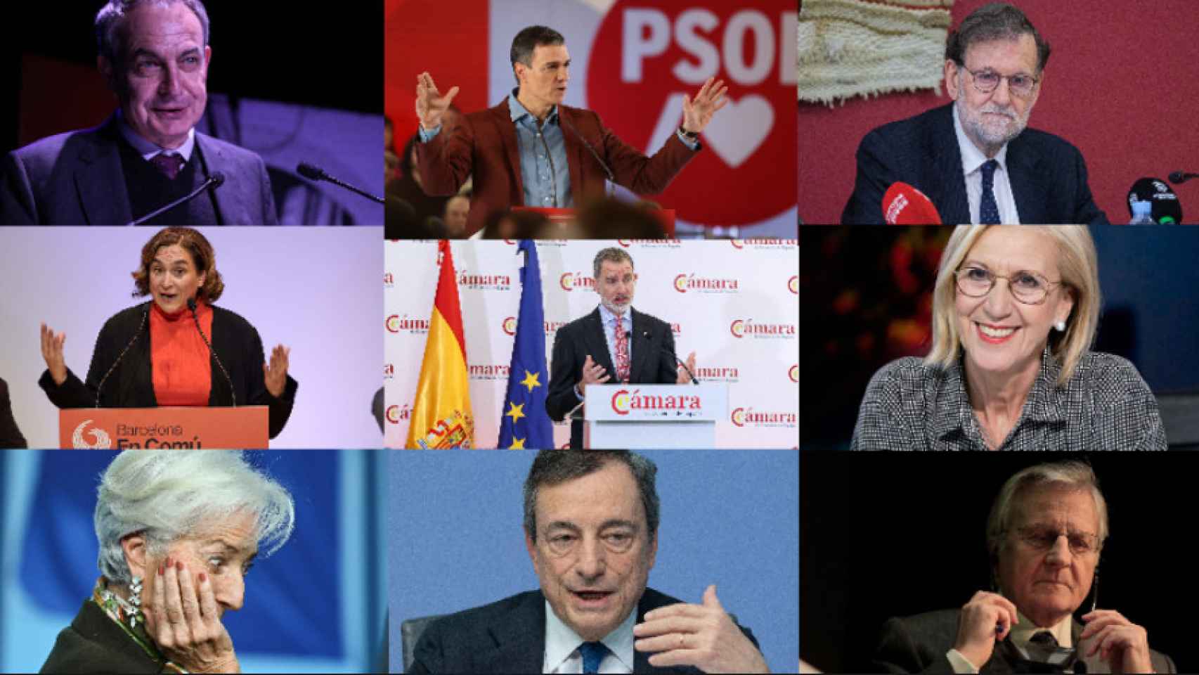 José Luis Rodríguez Zapatero, Pedro Sánchez, Mariano Rajoy, Ada Colau, Felipe VI, Rosa Díez, Christine Lagarde, Mario Draghi y Jean Claude Trichet.