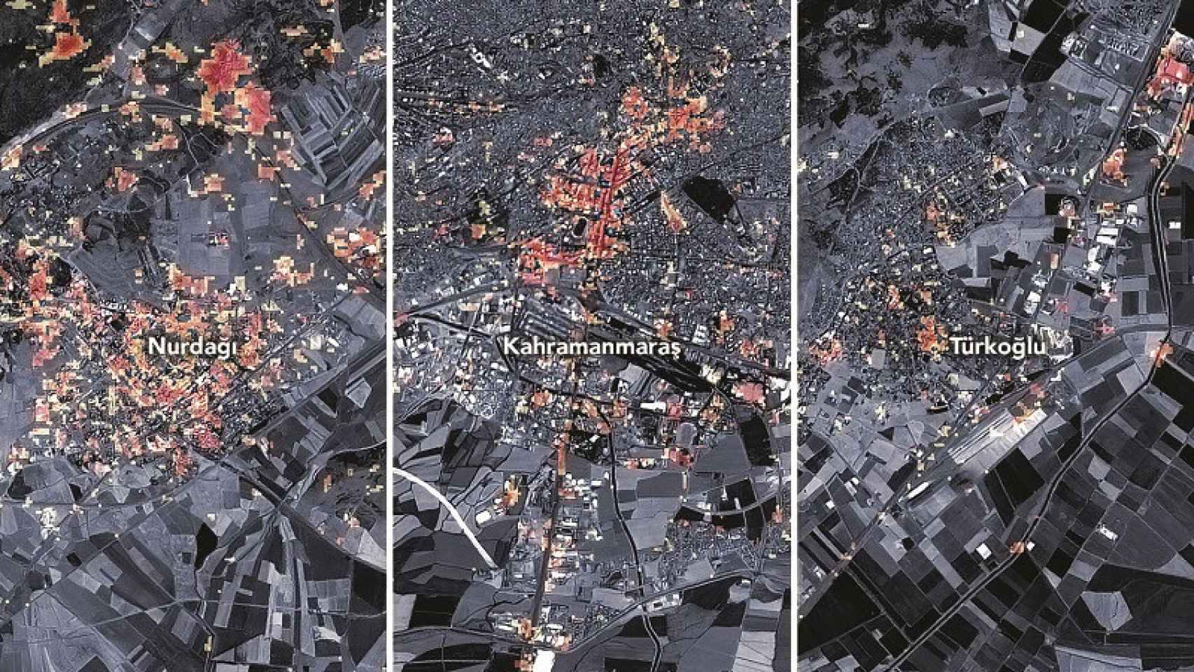 Mapa realizado por la NASA del terremoto de Turquía en las ciudades de Nurdagi, Kahramanmaras y Türkoglu