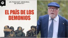 Imagen del pódcast sobre Villarejo, y el propio ex comisario ante la Audiencia Provincial de Madrid.