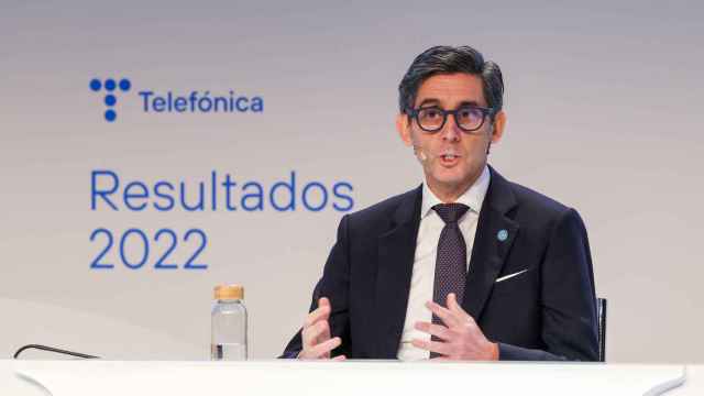 José María Álvarez-Pallete, presidente ejecutivo de Telefónica, en la rueda de prensa de resultados de 2022.