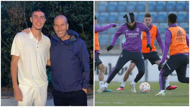 Elyaz Zidane, junto a su padre y en un entrenamiento del Real Madrid