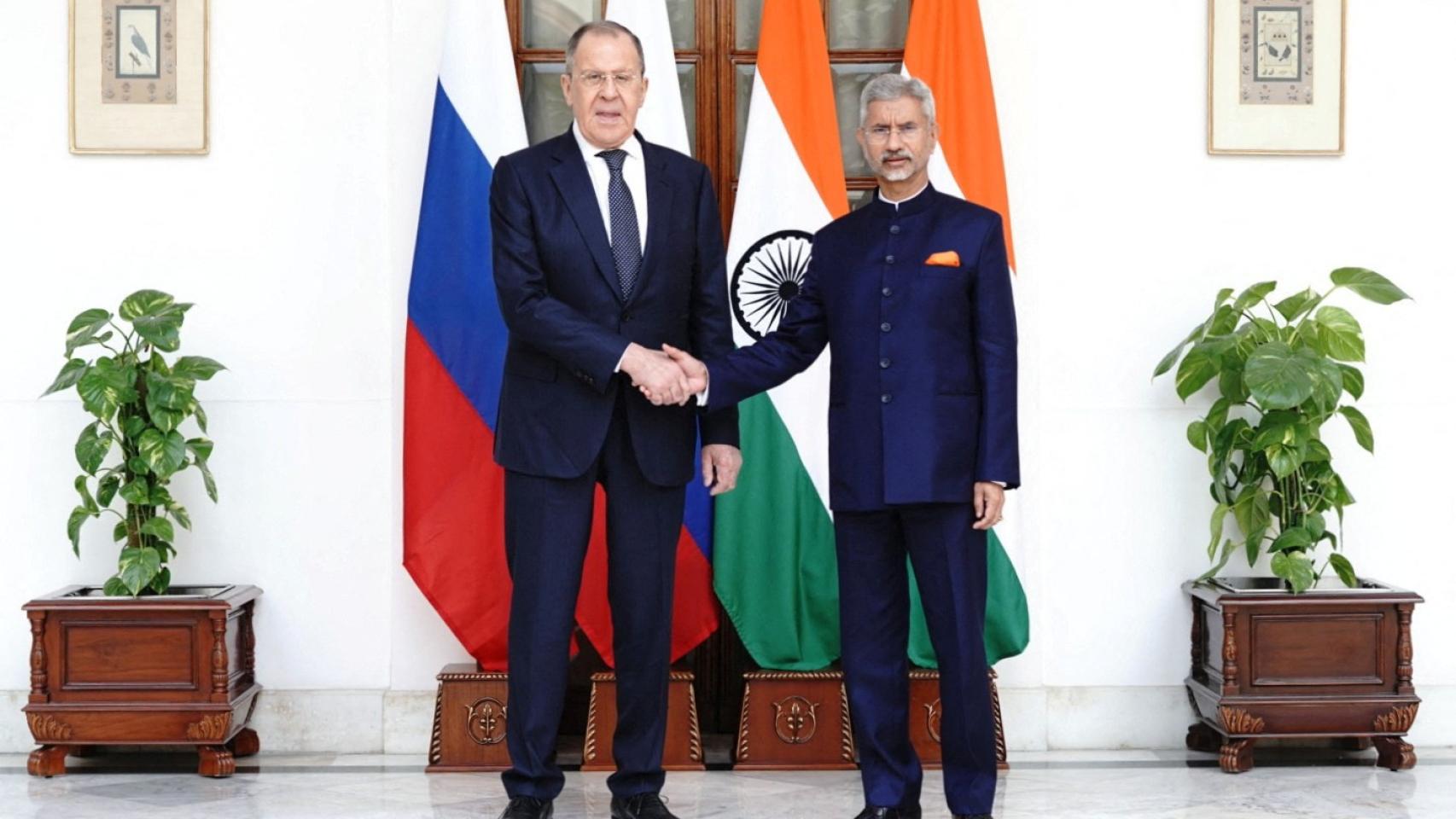 Indian Foreign Minister Jaishankar and his Russian counterpart Lavrov attend a bilateral meeting on the sidelines of the G20 foreign ministers meeting in New Delhi.