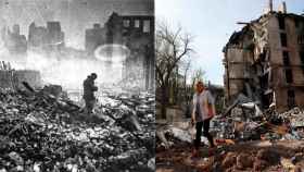 Montaje con una fotografía del bombardeo de Guernica durante la Guerra Civil española, en 1937, y una imagen de una ciudadana ucraniana en un edifico destruido por las bombas en Mariúpol, en 2022.