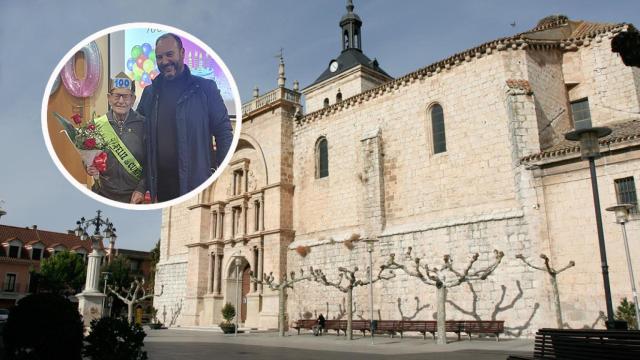 Vicente y Javier Gómez Potente con la Iglesia de la Asunción de fondo