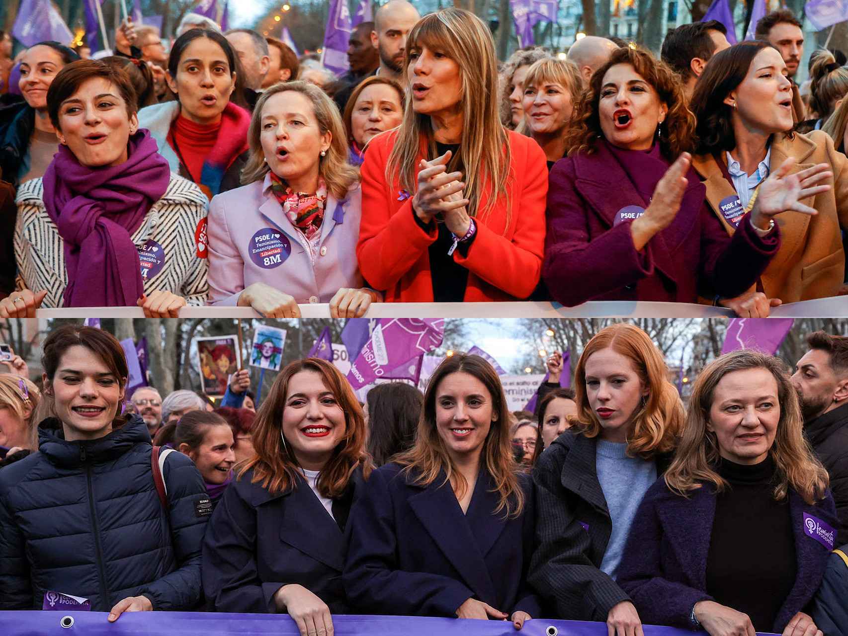 Arriba: las ministras del PSOE, a la cabeza de su marcha este 8-M. Abajo: dirigentes de Podemos, entre ellas Irene Montero, liderando su cabecera.
