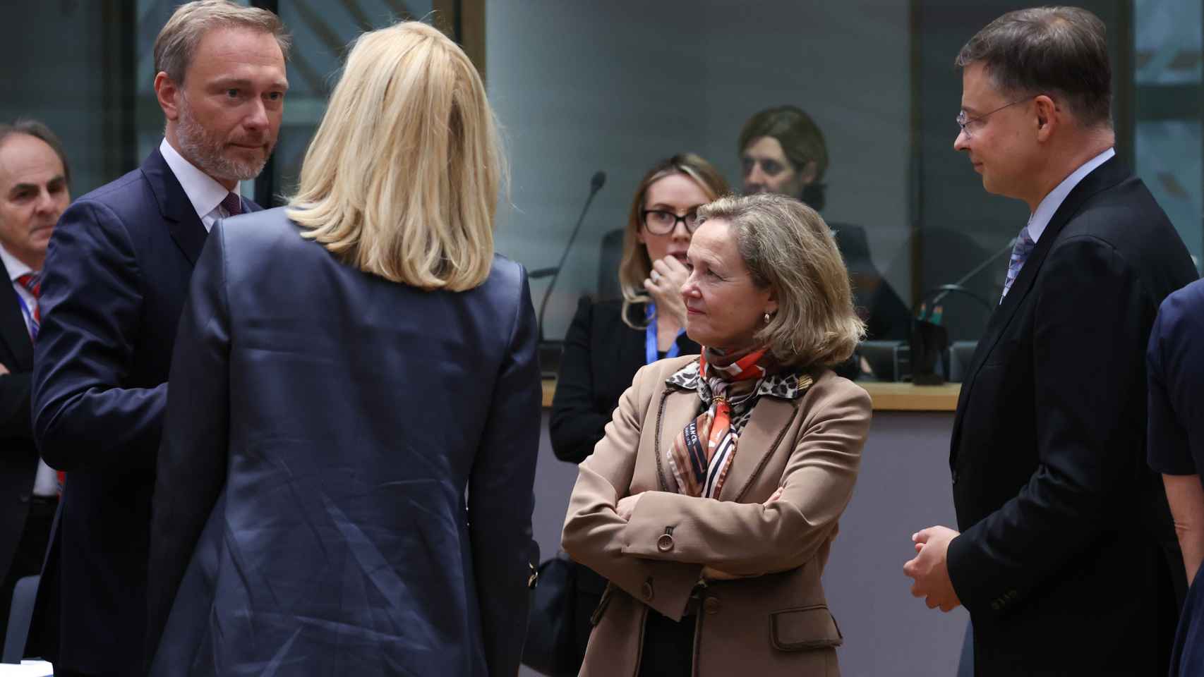 El ministro de Finanzas alemán, Christian Lindner, y la vicepresidenta primera, Nadia Calviño, durante la reunión del Ecofin de marzo de 2023.