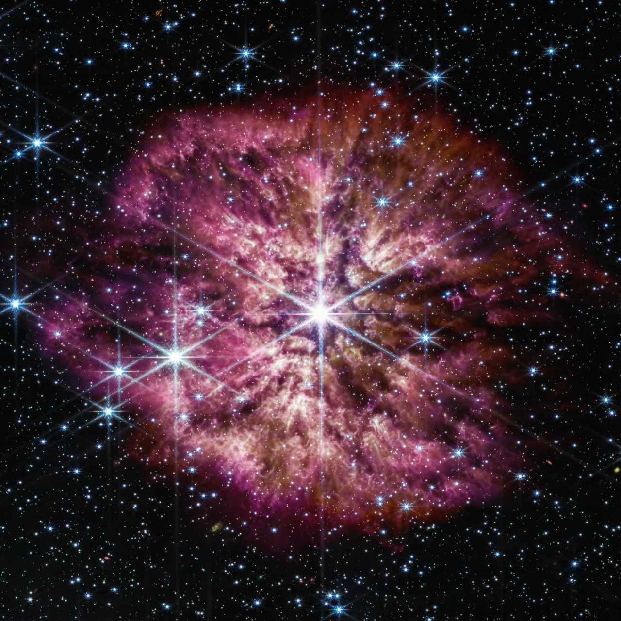 Imagen sin recortar del webb, con la estrella Wolf-Rayet 124 en el centro.