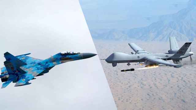 Caza Su-27 y dron MQ-9 Reaper