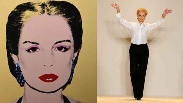 El retrato que  Andy Warhol le hizo a Carolina Herrera (izda.) y la diseñadora, saludando tras un desfile.